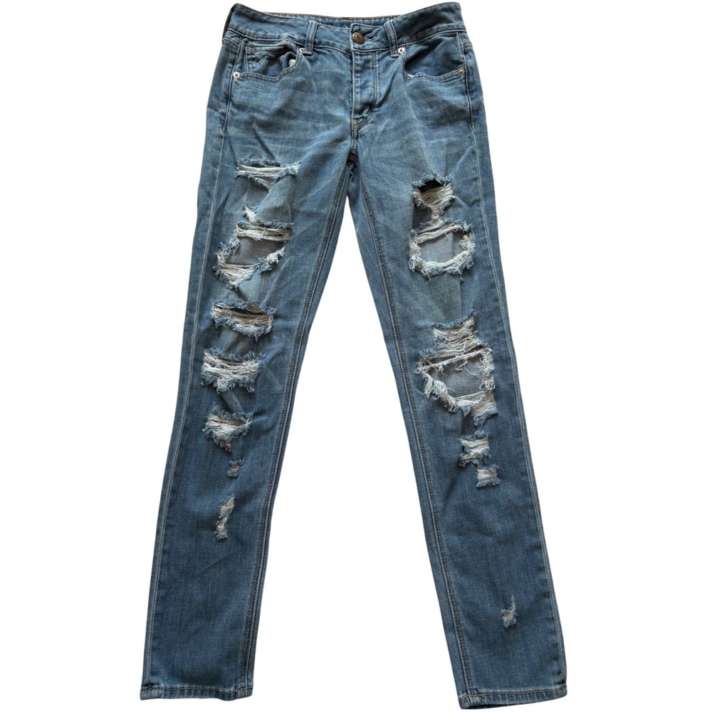 American Eagle Womens Distressed Skinny Jeans Blue Button Fly‎ Ripped Size 0 - Picture 2 of 12